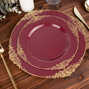 10 Pack 8" Burgundy Plastic Salad Plates With Gold Leaf Embossed Baroque Rim, Round Disposable Appetizer Dessert Plates