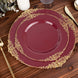 10 Pack 8inch Burgundy Plastic Salad Plates With Gold Leaf Embossed Baroque Rim, Round Disposable