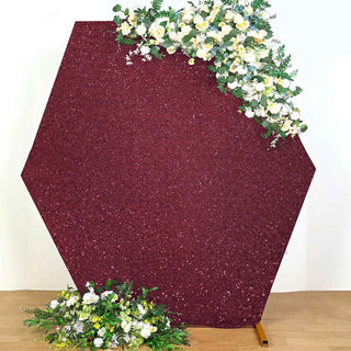 Add a Touch of Elegance with the Burgundy Metallic Shimmer Tinsel Spandex Hexagon Wedding Arbor Cover