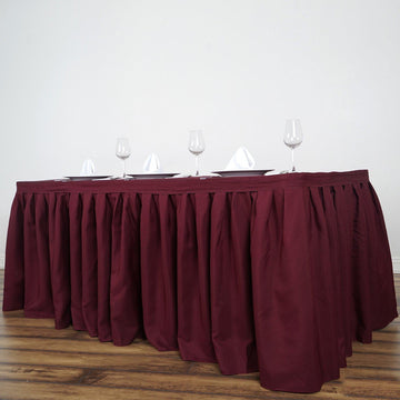 17ft Burgundy Pleated Polyester Table Skirt, Banquet Folding Table Skirt