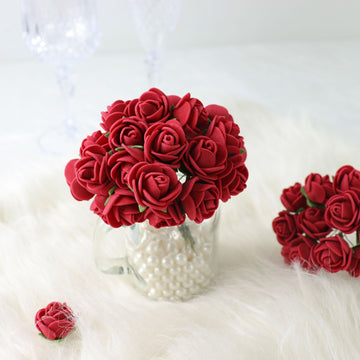 48 Roses | 1" Burgundy Real Touch Artificial DIY Foam Rose Flowers With Stem, Craft Rose Buds