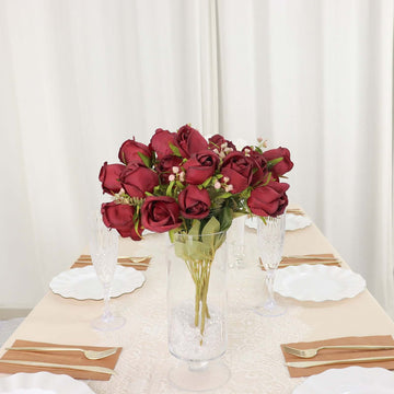 3 Pack 13" Burgundy Real Touch Silk Rose Bud Flower Bridal Bouquets, Artificial Floral Bush Arrangements