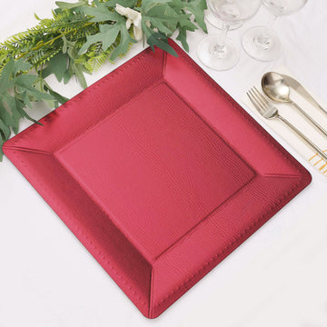 10 Pack 13" Burgundy Textured Disposable Square Charger Plates, Leather Like Cardboard Serving Trays - 1100 GSM