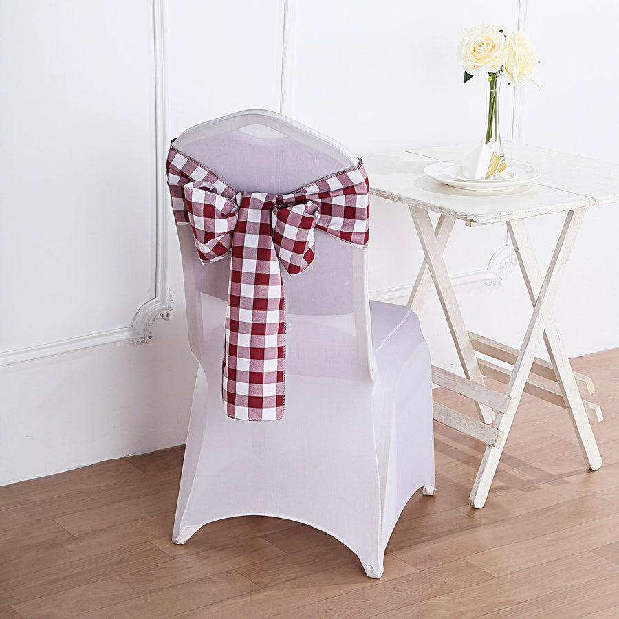 Gingham Chair Sashes | 5 PCS | Burgundy/White | Buffalo Plaid Checkered Polyester Chair Sashes