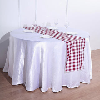 Add Elegance to Your Table with the Burgundy/White Gingham Polyester Checkered Table Runner