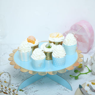 Add a Touch of Elegance to Your Event with the 13" 1-Tier Blue/Gold Cardboard Cupcake Dessert Cake Stand Holder
