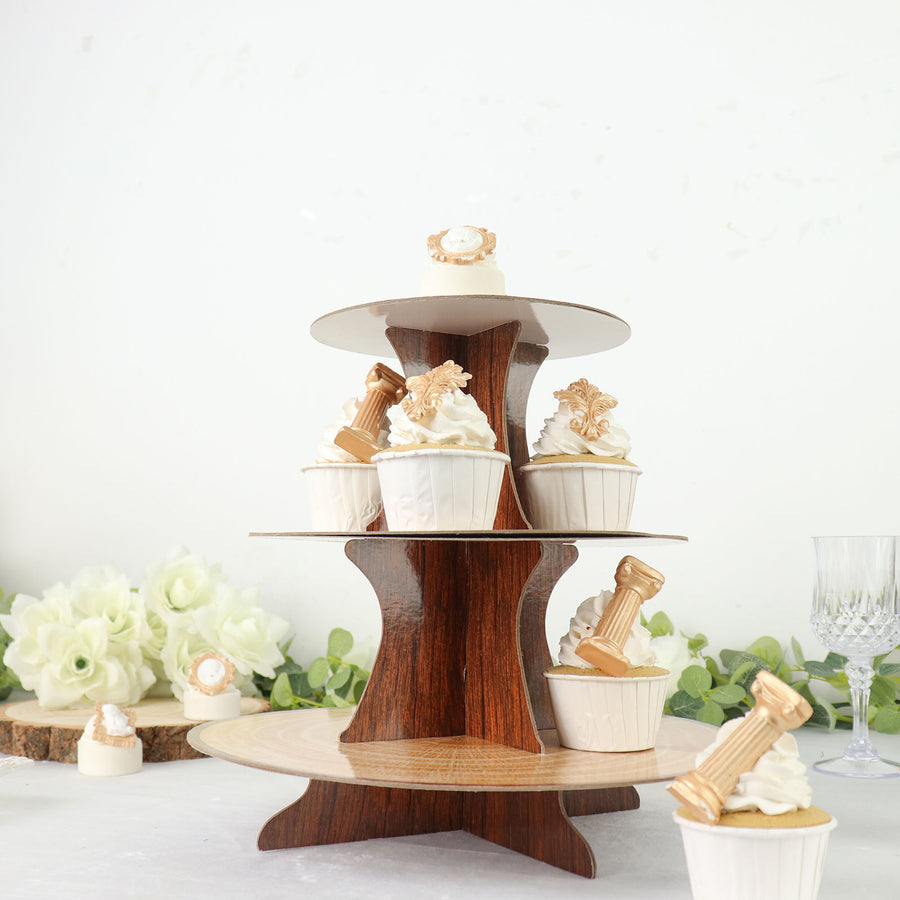 14inch 3-Tier Natural Wood Plank Print Cardboard Cupcake Dessert Stand. Disposable Treat Tower
