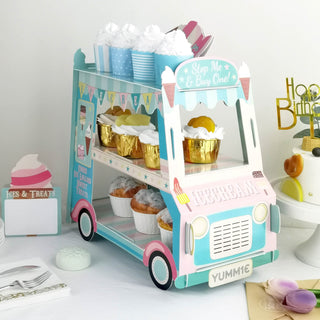 Make Your Party Unforgettable with the 16" 3-Tier Ice Cream Truck Cardboard Cupcake Dessert Stand Tower