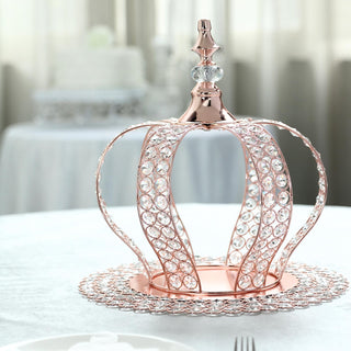 Elevate Your Event Decor with the 14" Metallic Blush/Rose Gold Crystal-Bead Royal Crown Cake Topper