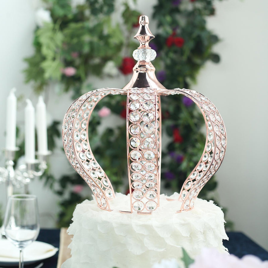 14inch Metallic Blush/Rose Gold Crystal-Bead Royal Crown Cake Topper