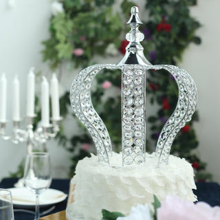 Elegant Metallic Silver Crystal-Bead Royal Crown Cake Topper
