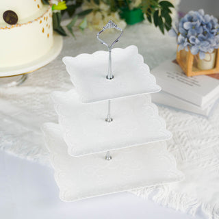 Perfect for Any Event: 13" 3-Tier White/Silver Floral Print Cupcake Stand