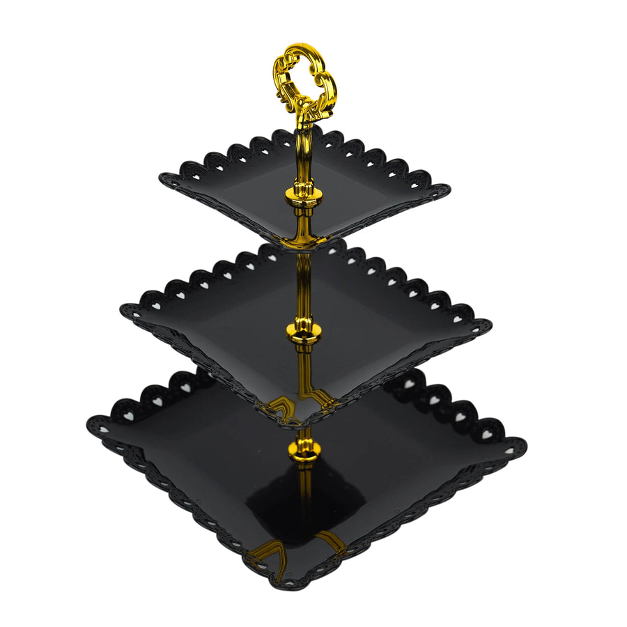 13inch 3-Tier Black Gold Wavy Square Edge Cupcake Stand, Dessert Holder#whtbkgd