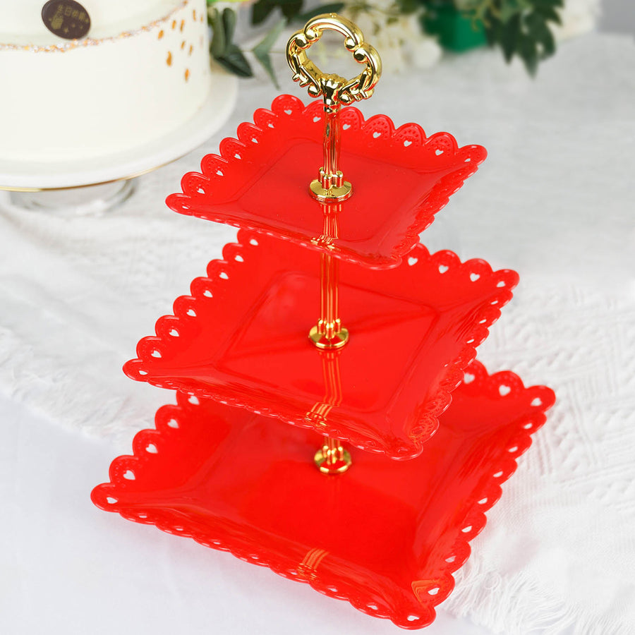 13Inch 3-Tier Gold/Red Wavy Square Edge Cupcake Stand, Dessert Holder, Plastic With Top Handle