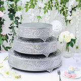 14inch Round Silver Embossed Cake Stand Riser, Matte Metal Cake Pedestal