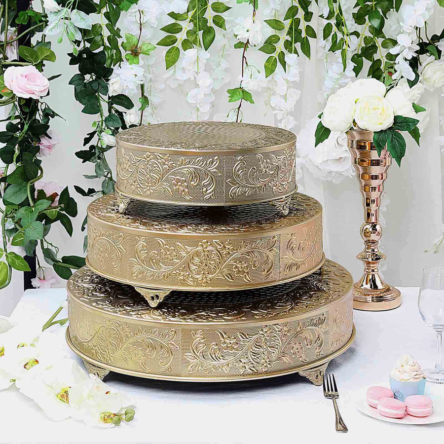 18inch Round Gold Embossed Cake Stand Riser, Matte Metal Cake Pedestal