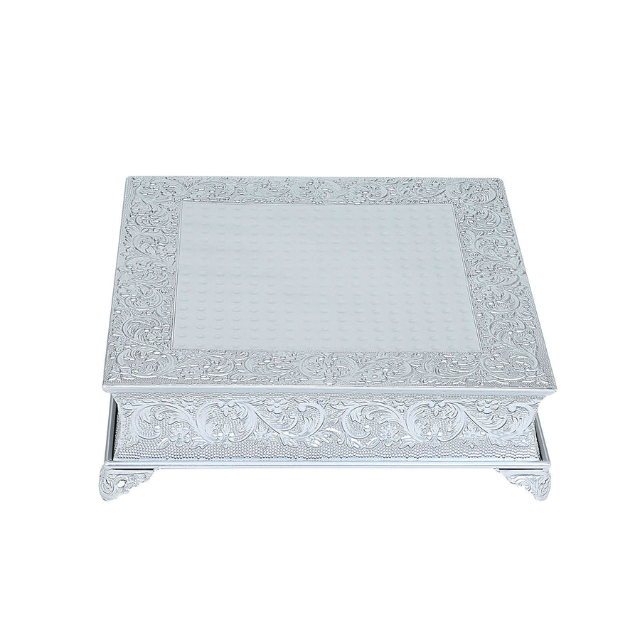 18inch Square Silver Embossed Cake Pedestal, Metal Cake Stand Cake Riser#whtbkgd