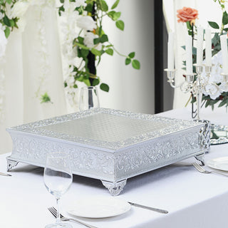 Add a Touch of Silver Elegance with the 18" Square Silver Embossed Cake Pedestal