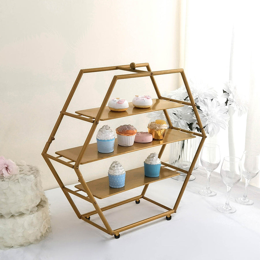 21Inch Matte Gold Metal 3-Tier Cupcake Stand, Hexagon Dessert Holder, Appetizer Display