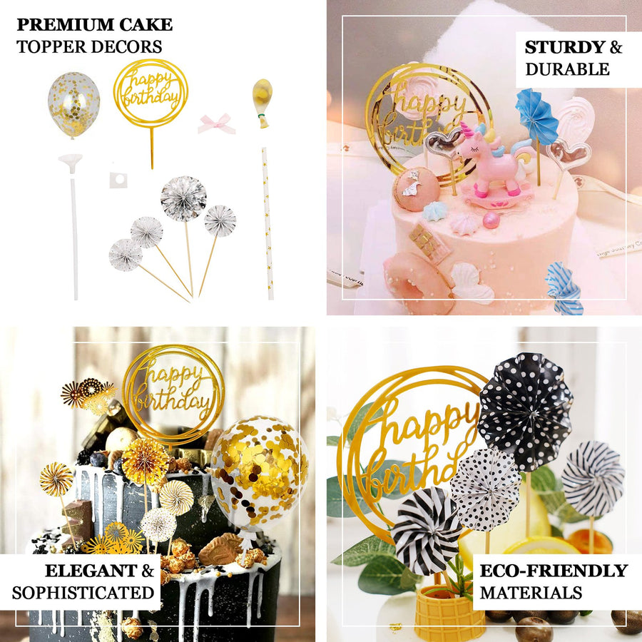 6 Pcs | Pink/Gold Happy Birthday Cake Topper, 4 Mini Paper Fans & Gold Confetti Balloon Decor
