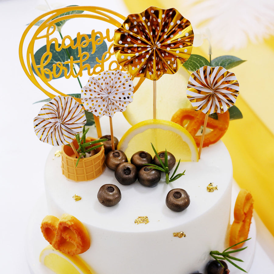 Gold/White Happy Birthday Cake Topper, 4 Mini Paper Fans & Gold Confetti Balloon Decor#whtbkgd
