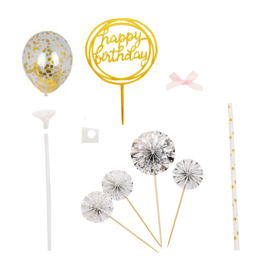 6 Pcs | Silver/Gold Happy Birthday Cake Topper, 4 Mini Paper Fans & Gold Confetti Balloon Decor