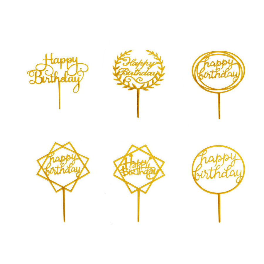 Gold Acrylic Happy Birthday Cake Toppers, Party Decoration Supplies - Assorted Styles#whtbkgd