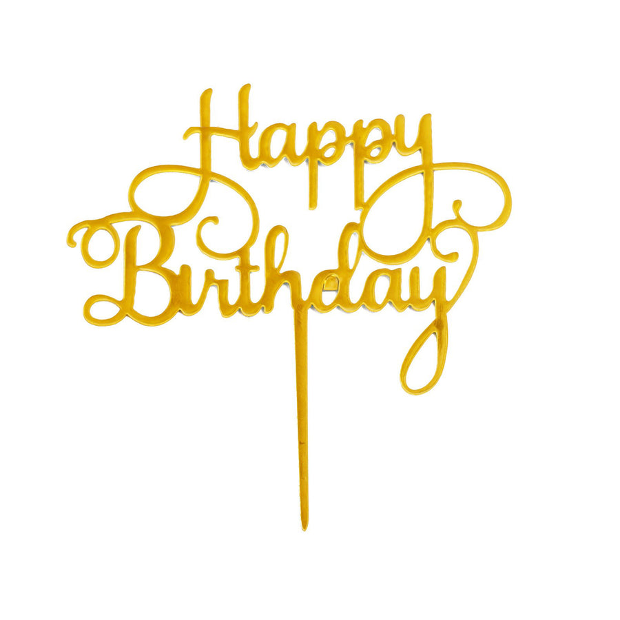 6 Pack | Gold Acrylic Happy Birthday Cake Toppers, Party Decoration Supplies - Assorted Styles