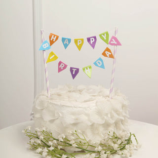Long-Lasting and Reusable: The Multi-Color Happy Birthday Bunting Garland Cake Topper with Lavender Lilac Straws