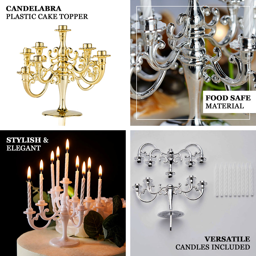 5inch Tall 9-Arm Metallic Gold Candelabra Cake Topper, 9 Candle Holders With Birthday Candles