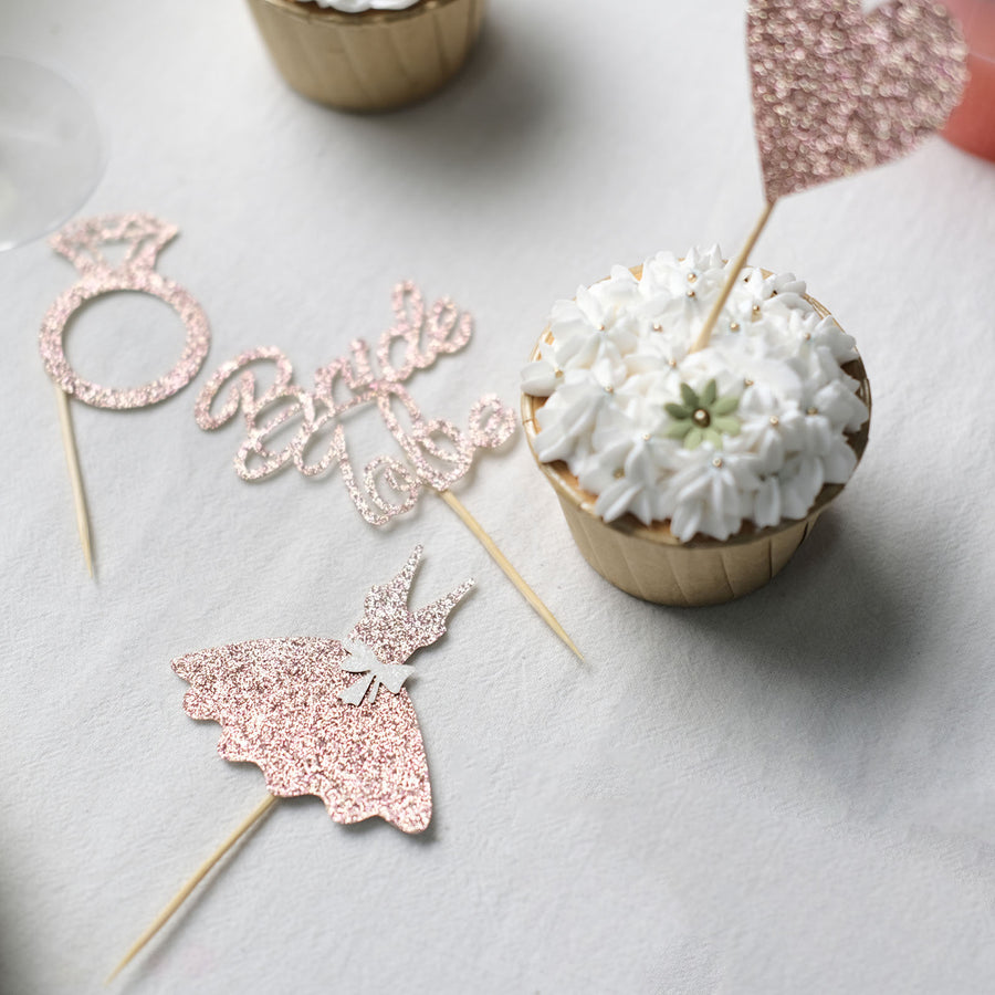 24 Pack | Blush/Rose Gold Glitter Bridal Shower Cupcake Topper Picks Set