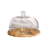 12Inch Glass & Wood Slice Cake Stand, Cloche Bell Serving Plate, Dome Lid Cover#whtbkgd