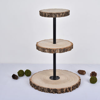19" 3-Tier Tower Natural Wood Slice Cheese Board Cupcake Stand - Rustic Wedding Decor