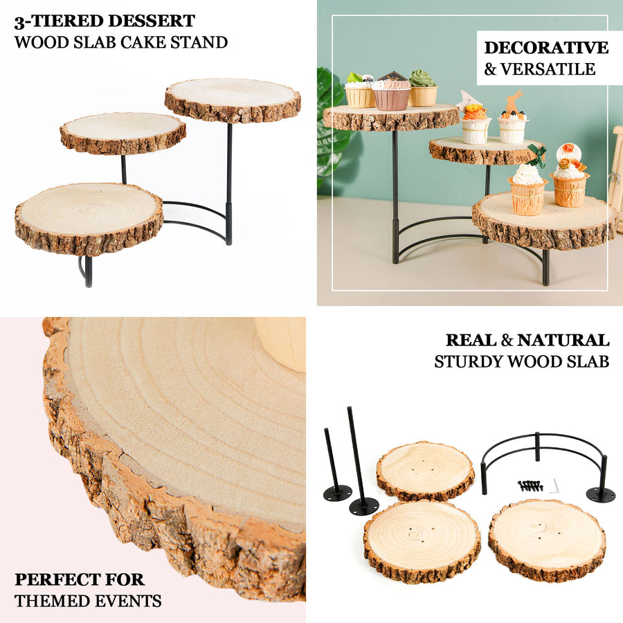 12inch Tall | 3-Tier Wood Slice Cheese Board, Cupcake Stand, Half Moon Rustic Centerpiece