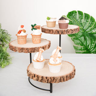 12" Tall | 3-Tier Wood Slice Cheese Board, Cupcake Stand, Half Moon Rustic Centerpiece - Natural Wood