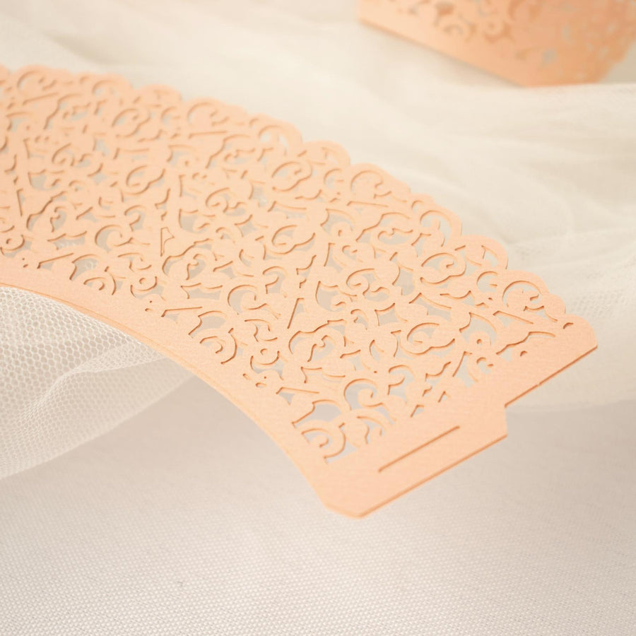 25 Pack | Blush Rose Gold Lace Laser Cut Paper Cupcake Wrappers, Muffin Baking Cup Trays