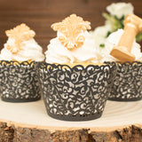 25 Pack | Black Lace Laser Cut Paper Cupcake Wrappers, Muffin Baking Cup Trays