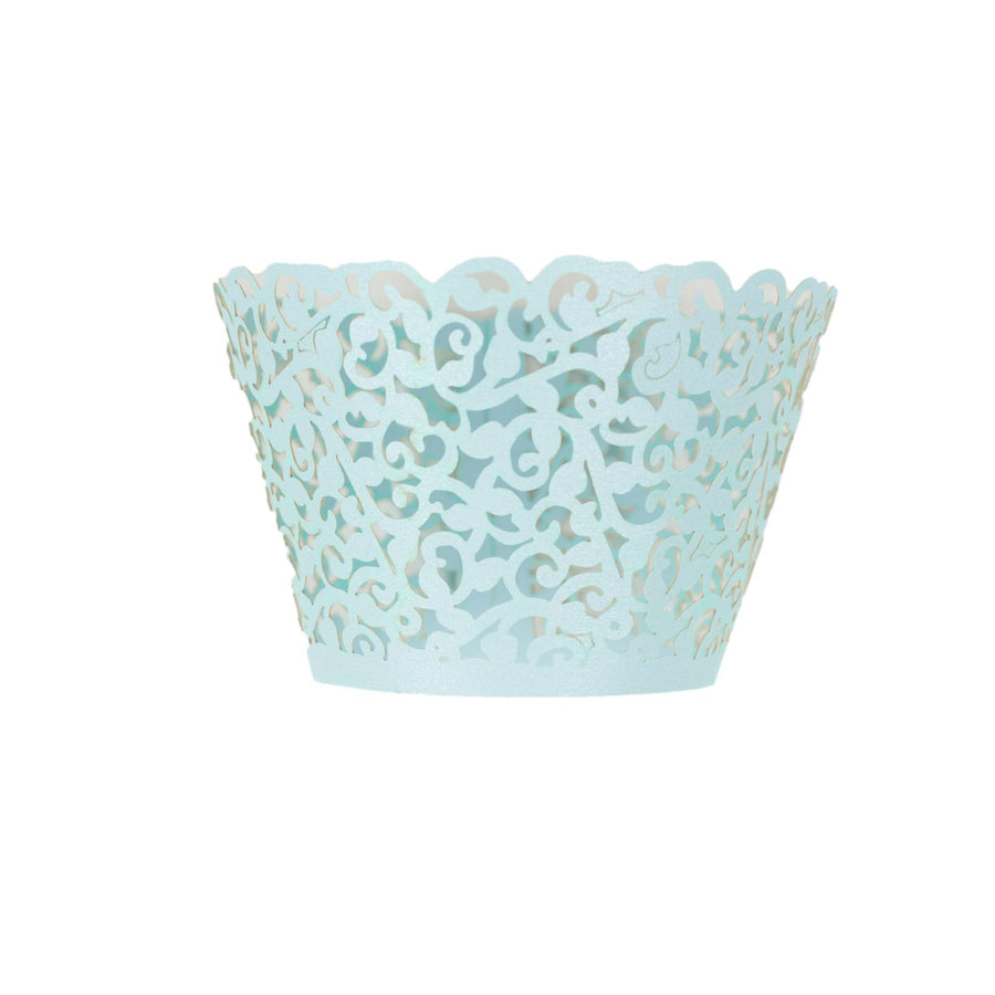 25 Pack | Blue Lace Laser Cut Paper Cupcake Wrappers, Muffin Baking Cup Trays#whtbkgd