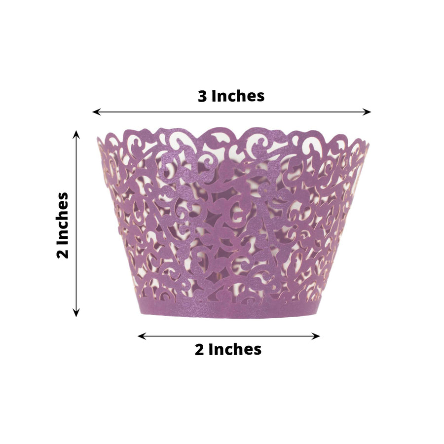 25 Pack | Purple Lace Laser Cut Paper Cupcake Wrappers, Muffin Baking Cup Trays