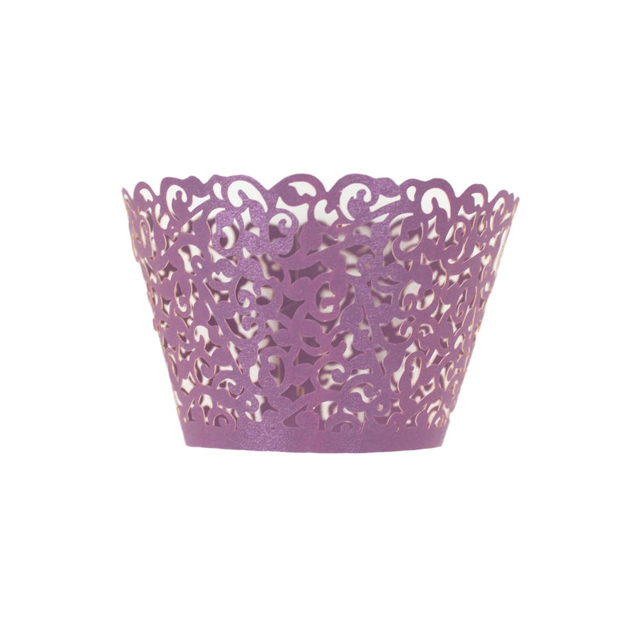 25 Pack | Purple Lace Laser Cut Paper Cupcake Wrappers, Muffin Baking Cup Trays#whtbkgd