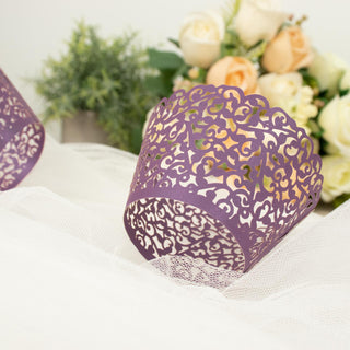 Elevate Your Dessert Display with Purple Lace Laser Cut Cupcake Wrappers