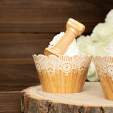 25 Pack | Natural Wood Grain and Lace Print Boho Cupcake Wrappers