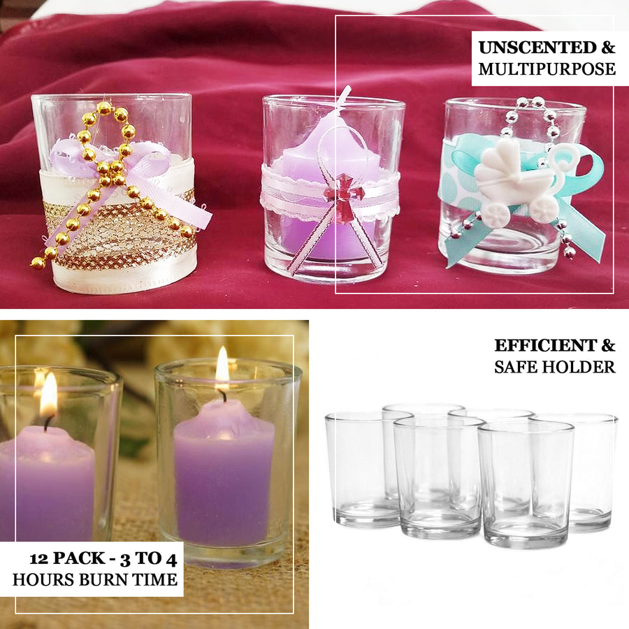 12 Pack | Lavender Lilac Votive Candle and Clear Glass Votive Holder Candle Set
