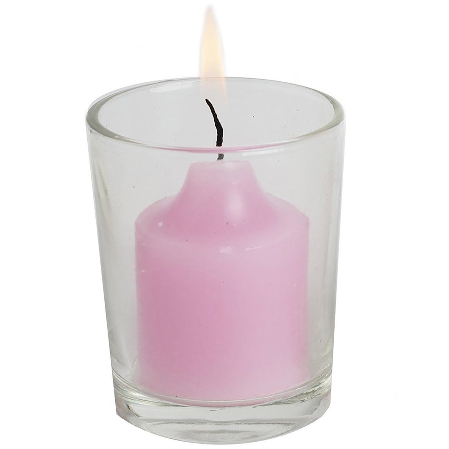 12 Pack | Lavender Lilac Votive Candle and Clear Glass Votive Holder Candle Set#whtbkgd