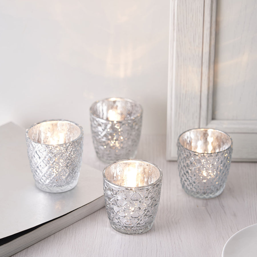 Metallic Silver Mercury Glass Votive Candle Holders, Tealight Candle Holders - Geometric Designs