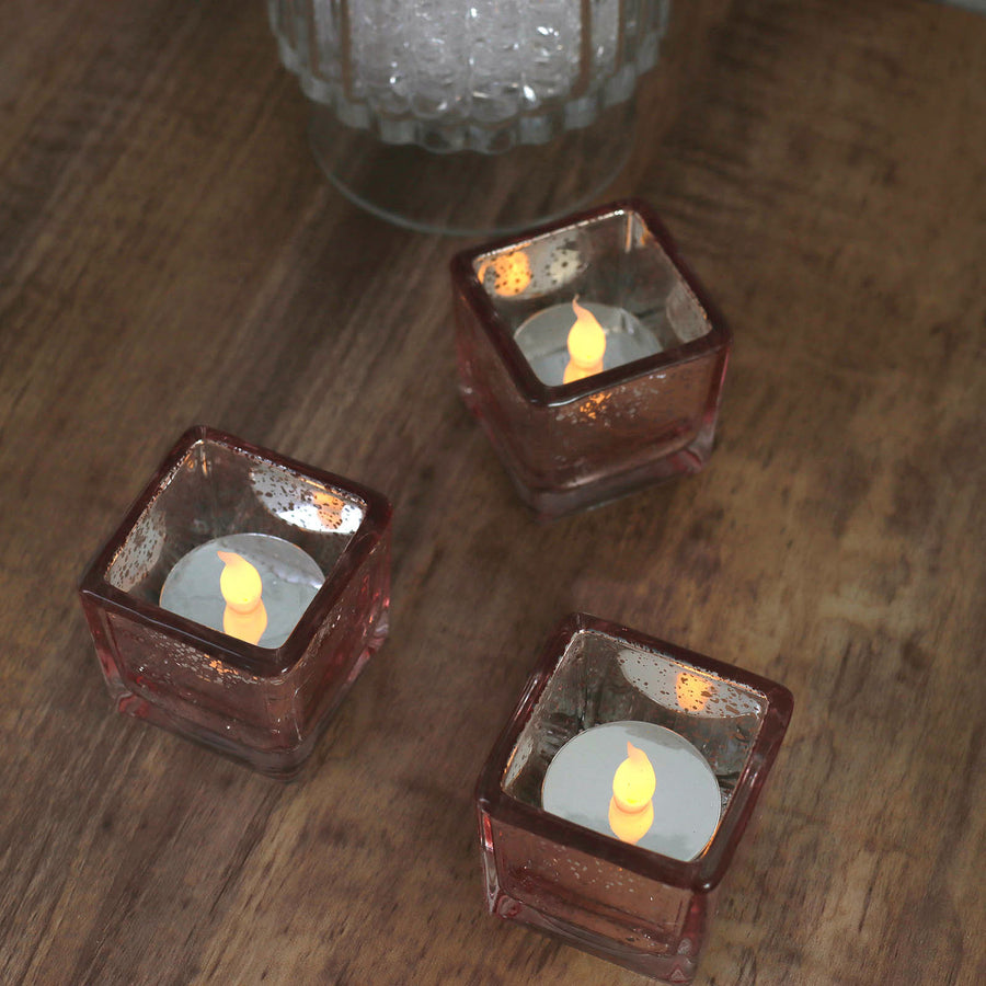 2inch Square Blush/Rose Gold Mercury Glass Candle Holders, Votive Glittered Tealight Holders