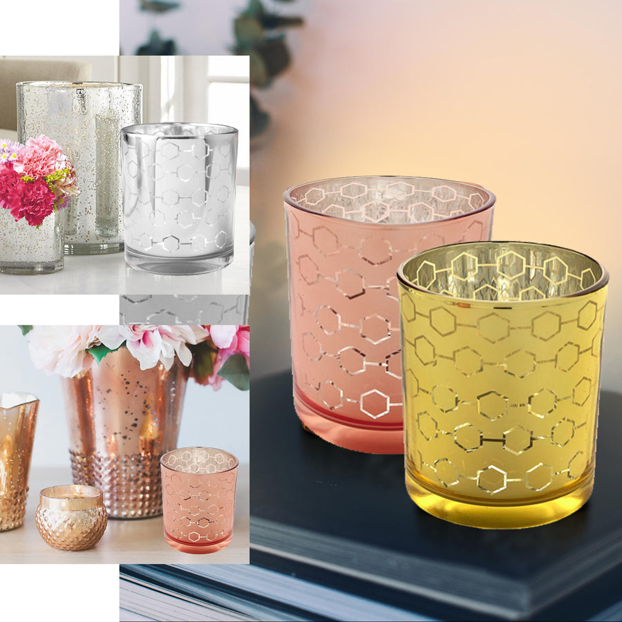 6 Pack | 3inch Frosted Mercury Glass Candle Holders, Votive Candle Containers - Honeycomb Design