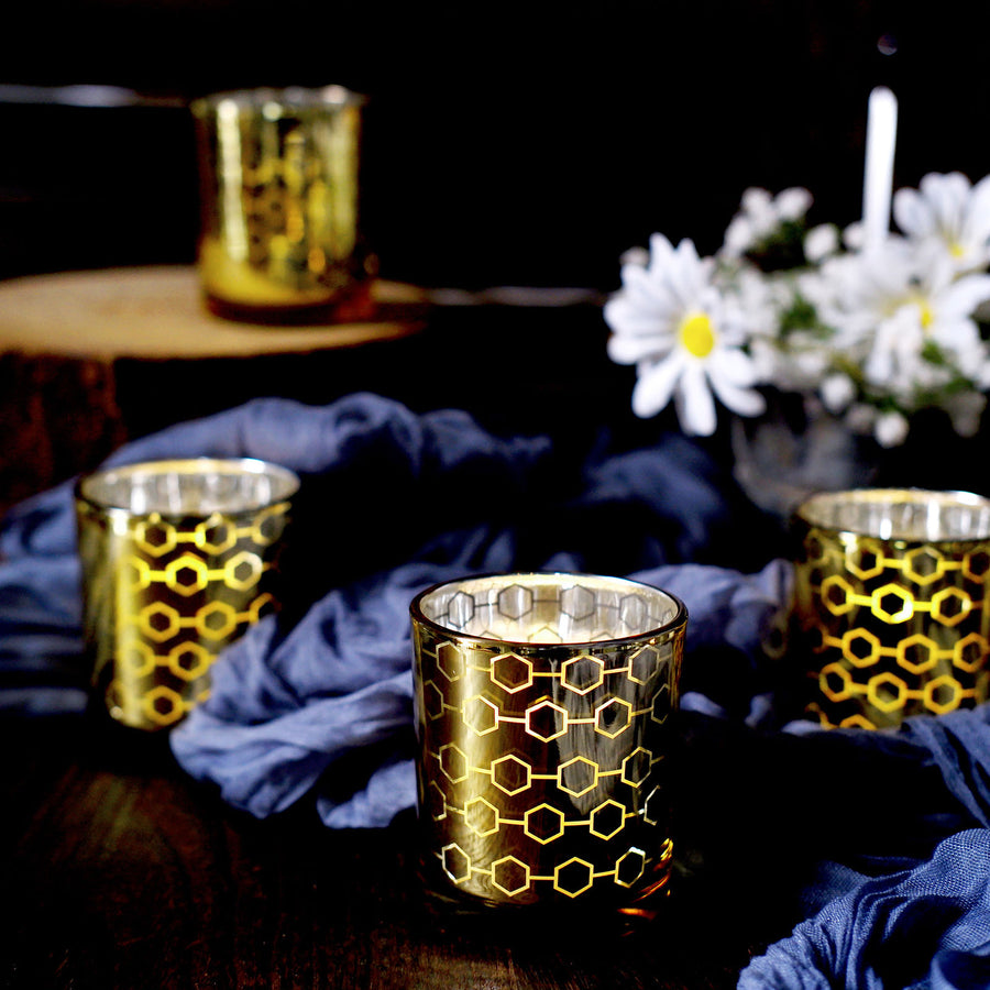 6 Pack | 3inch Gold Mercury Glass Candle Holders, Votive Candle Containers - Honeycomb Design