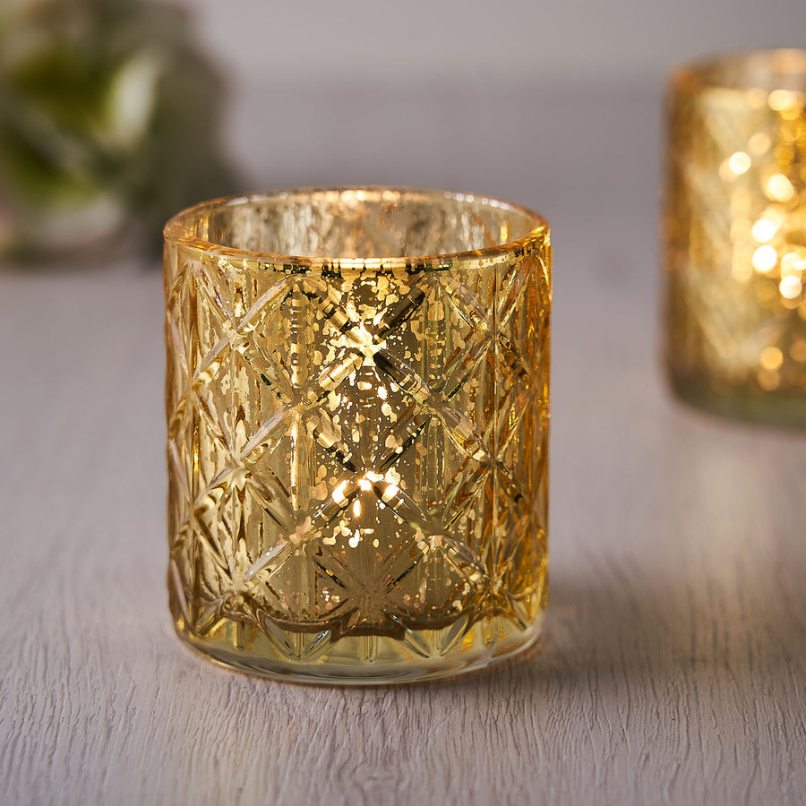 6 Pack | 3inch Shiny Gold Mercury Glass Candle Holders, Votive Tealight Holders - Geometric Design