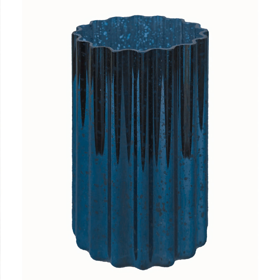 Navy Blue Mercury Glass Hurricane Candle Holder, Cylinder Pillar Vase - Wavy Column Design#whtbkgd